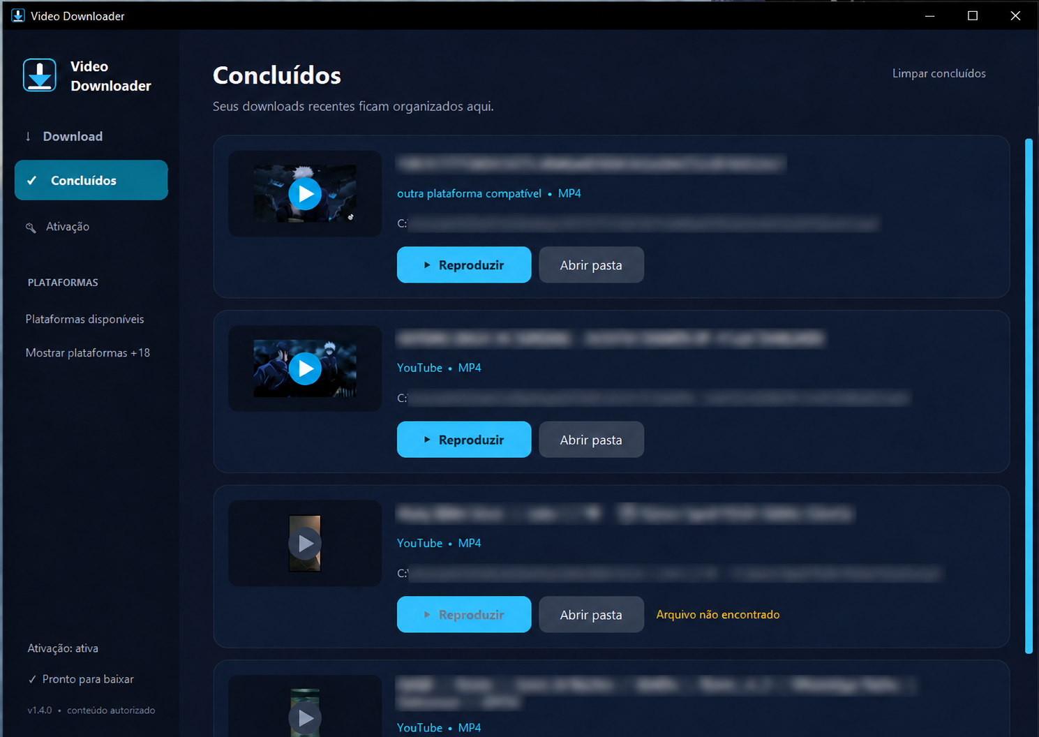 Tela real do Vídeo Downloader com downloads concluídos e títulos protegidos