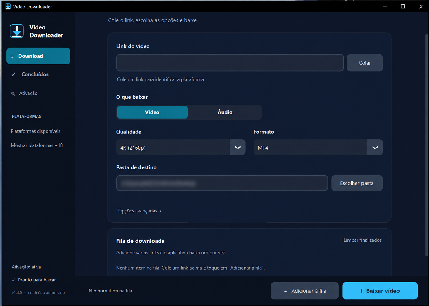 Tela real do Vídeo Downloader na área de download