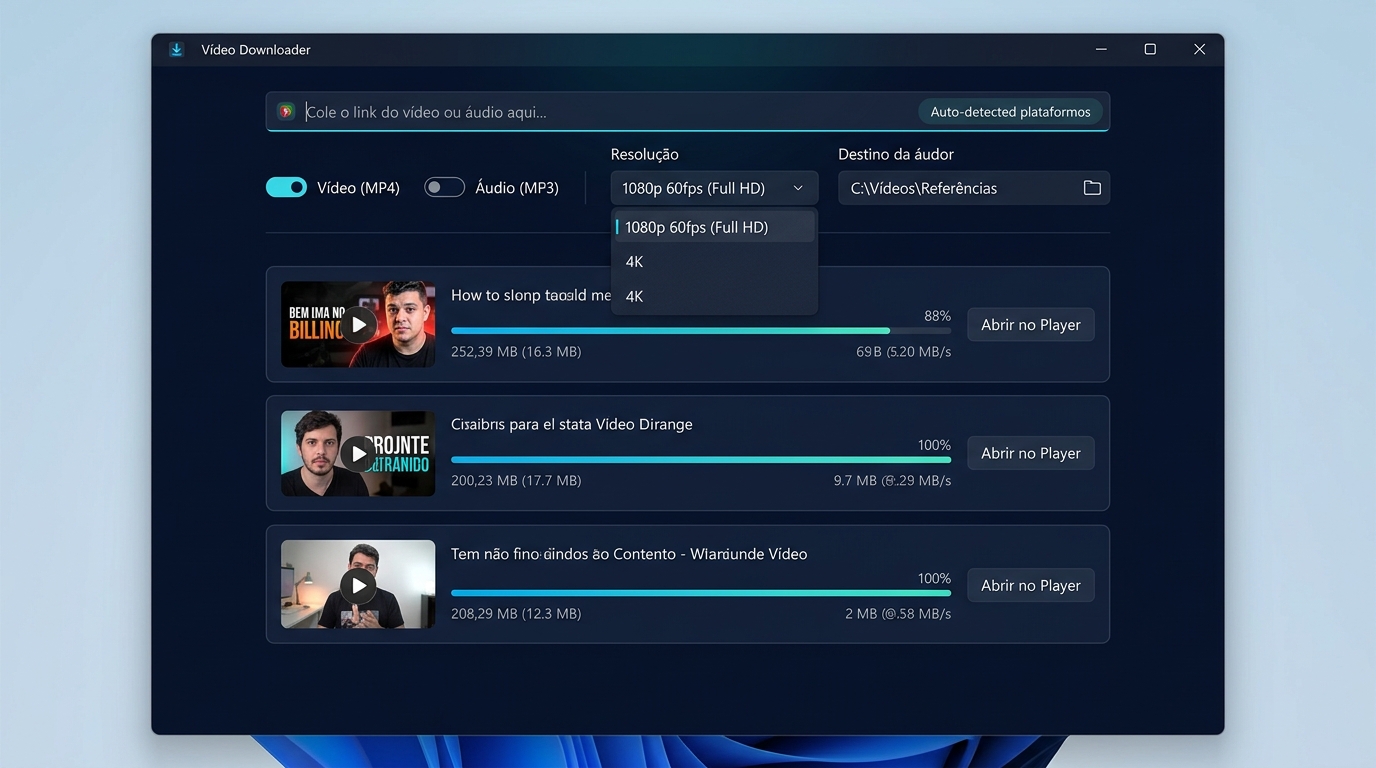 Interface real do software Vídeo Downloader no Windows mostrando fila de download de vídeos e áudios
